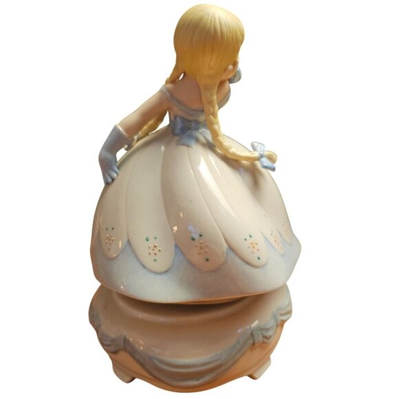 Holland Mold Ceramic Music Box. Southern Belle Blue & White Dress on Music Box - Picture 3 of 4